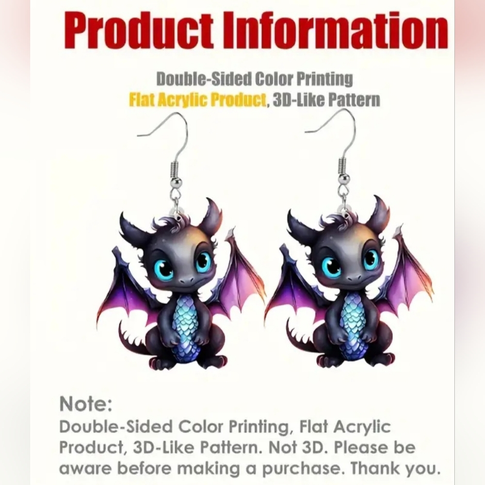 🧙 👻Charming Purple and Blue Whimsical Fantasy Baby Dragon Earrings HALLOWEEN - Picture 4 of 8